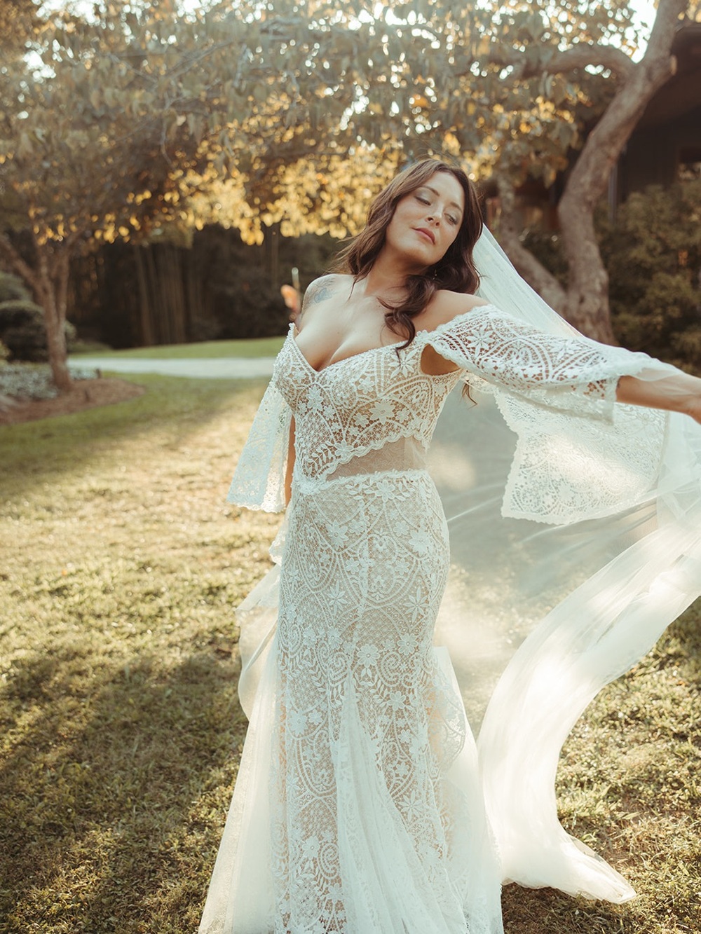 Boho Lace Off-Shoulder Wedding Dress in Ivory